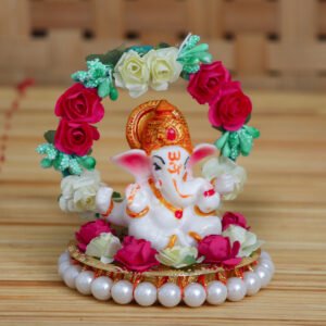 CraftIndia Lord Ganesha Idol on Decorative Handcrafted Plate with Throne of Colorful Flowers