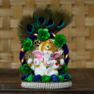 CraftIndia Lord Ganesha Idol on Decorative Handcrafted Floral Plate with Peacock Feather for Home and Car