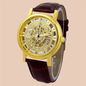 Unique Gold Dial Leather Analog Watch For Men