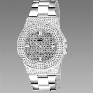 Golden Stone Studded Diamond Wrist Watch For Boys & Men